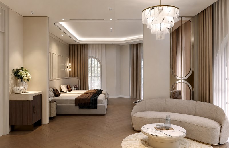 Phòng ngủ villa với rèm hai lớp vải chính và voan